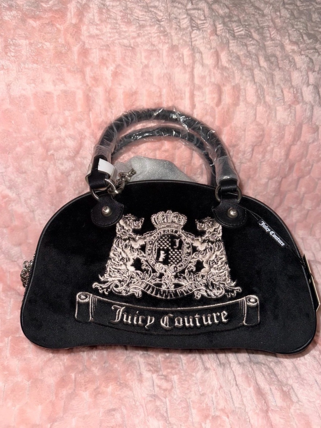 Juicy Couture Black Velvet Crest Satchel With Silver Embroidery